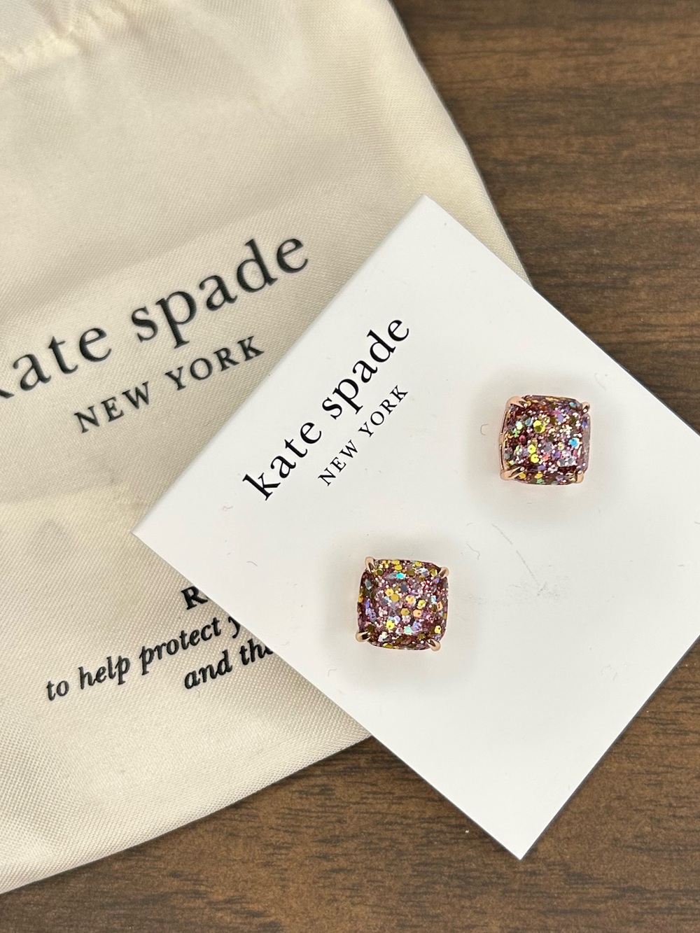 Kate Spade New York Glitter Square Stud Earrings Pink Gold Tone with Pouch